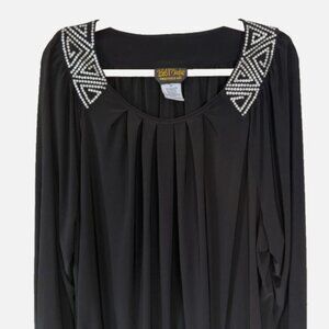 Bob Mackie Wearable Art Black Rhinestone Shoulder Blouse 3X Pleated Long Sleeve